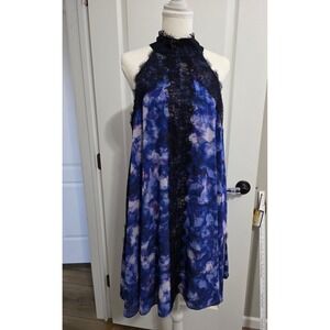 Belle Badgley Mischka Blue Purple Dark Floral Lace Halter Swing Dress Sz 8